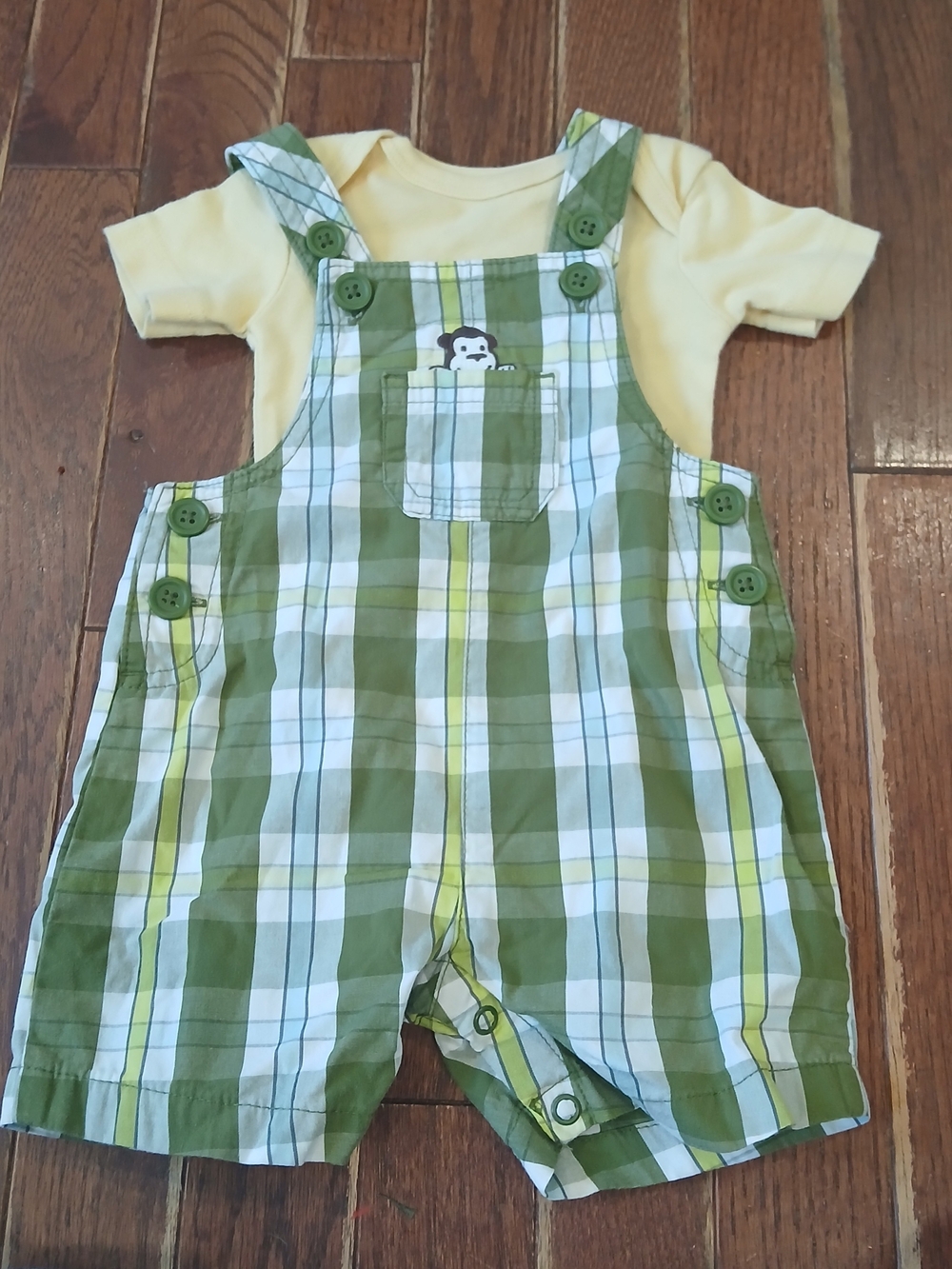 small wonders - Carters Green Plaid Overalls with Monkey & Yellow Onesie Y2k